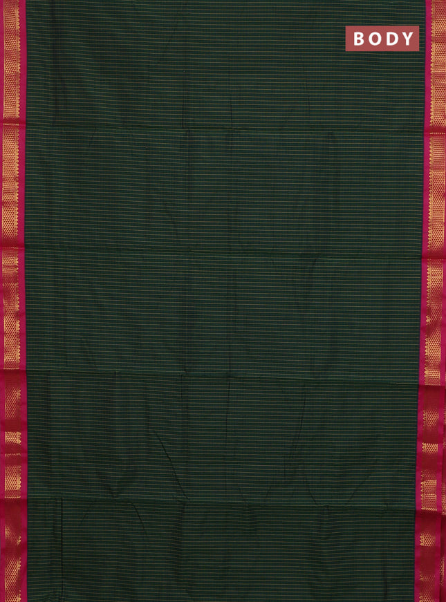 10 Yards semi silk saree bottle green and magenta pink with allover small checked pattern and temple zari woven korvai border