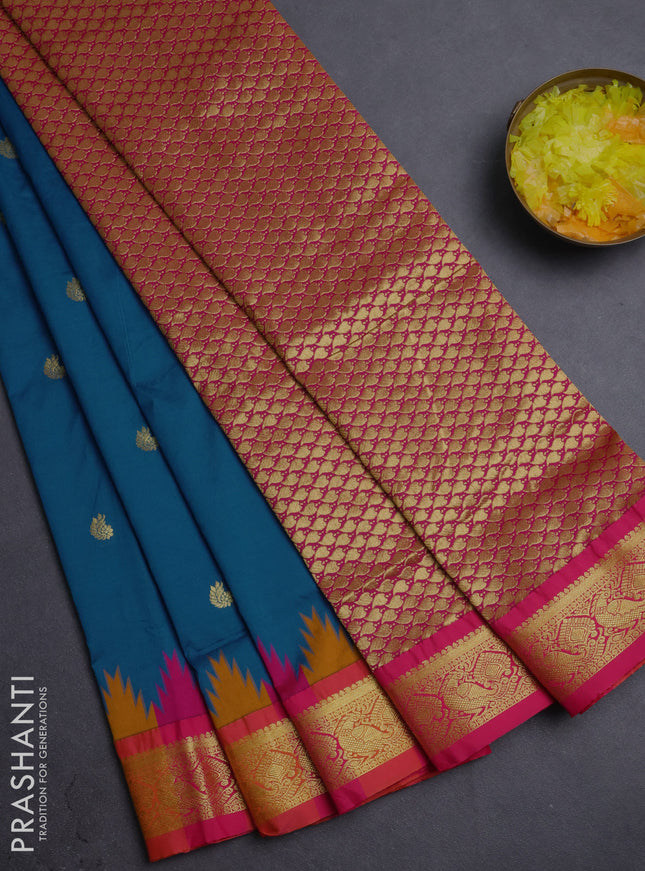 10 Yards semi silk saree peacock blue and pink with zari woven buttas and temple design annam zari woven border