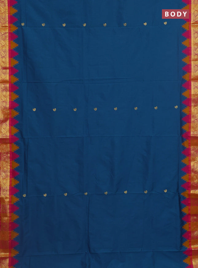 10 Yards semi silk saree peacock blue and pink with zari woven buttas and temple design annam zari woven border