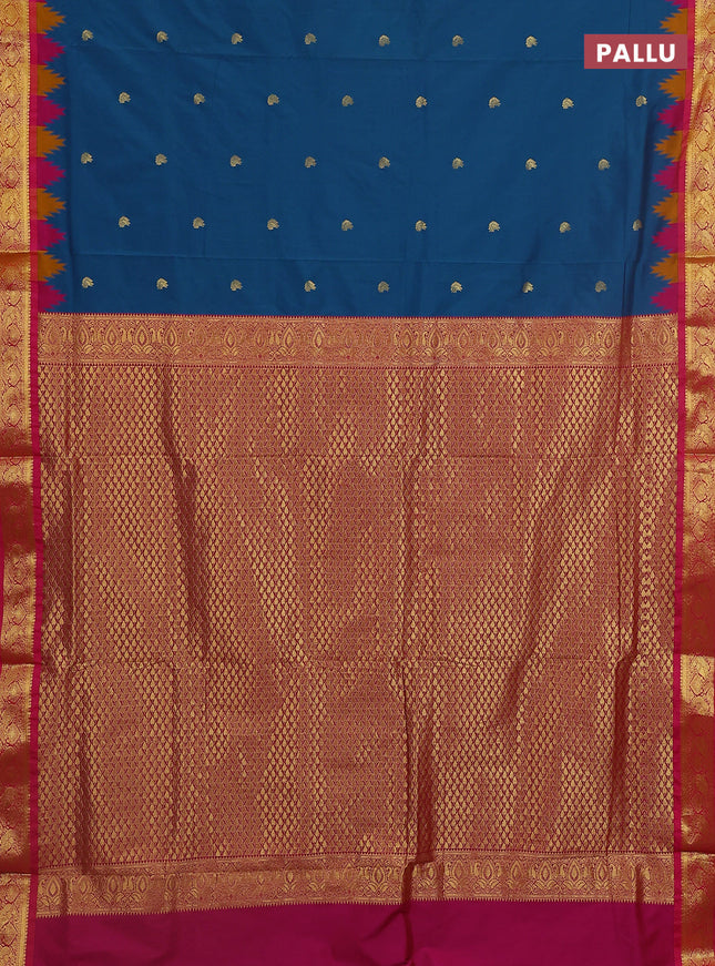 10 Yards semi silk saree peacock blue and pink with zari woven buttas and temple design annam zari woven border