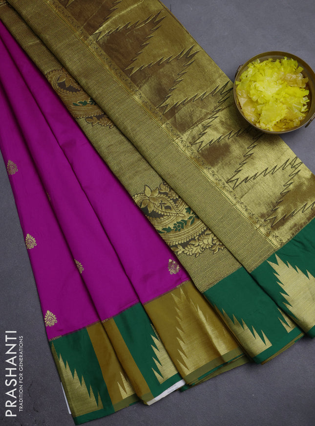 10 Yards semi silk saree magenta pink and green with zari woven buttas and temple zari woven border