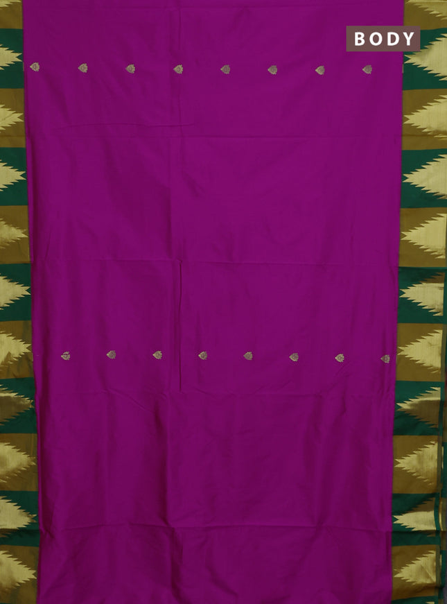 10 Yards semi silk saree magenta pink and green with zari woven buttas and temple zari woven border