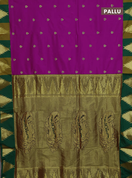 10 Yards semi silk saree magenta pink and green with zari woven buttas and temple zari woven border