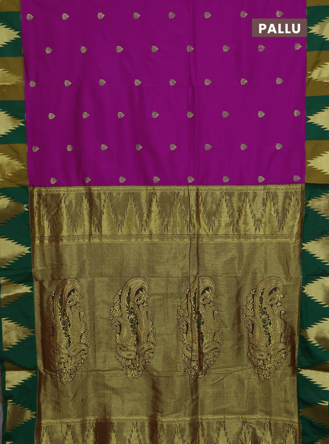 10 Yards semi silk saree magenta pink and green with zari woven buttas and temple zari woven border