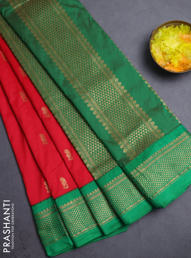 10 Yards semi silk saree red and green with zari woven buttas and zari woven korvai border
