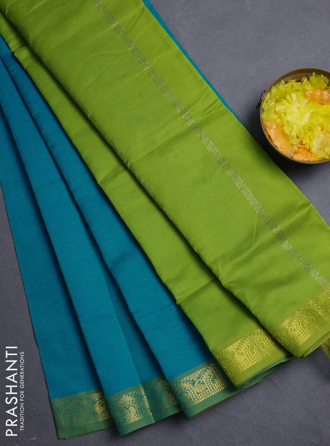 10 Yards semi silk saree teal green and light green with plain body and temple zari woven border