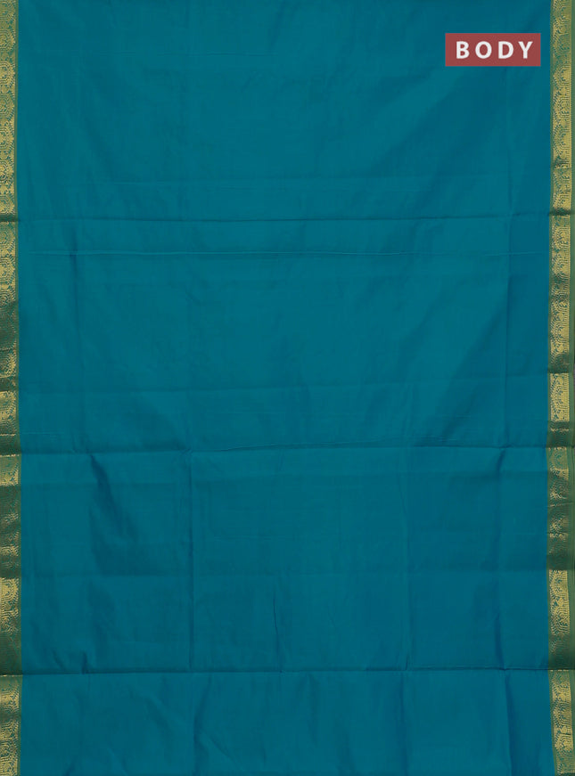 10 Yards semi silk saree teal green and light green with plain body and temple zari woven border