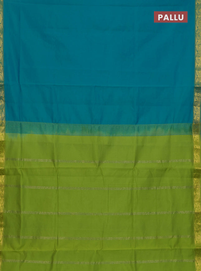 10 Yards semi silk saree teal green and light green with plain body and temple zari woven border