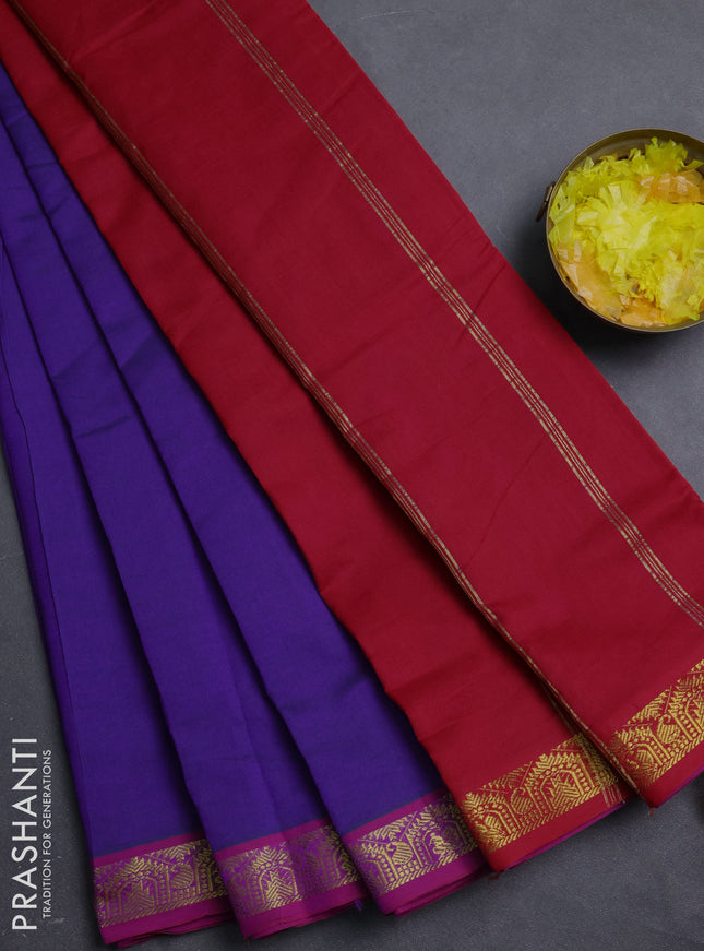 10 Yards semi silk saree violet and red with plain body and temple zari woven border