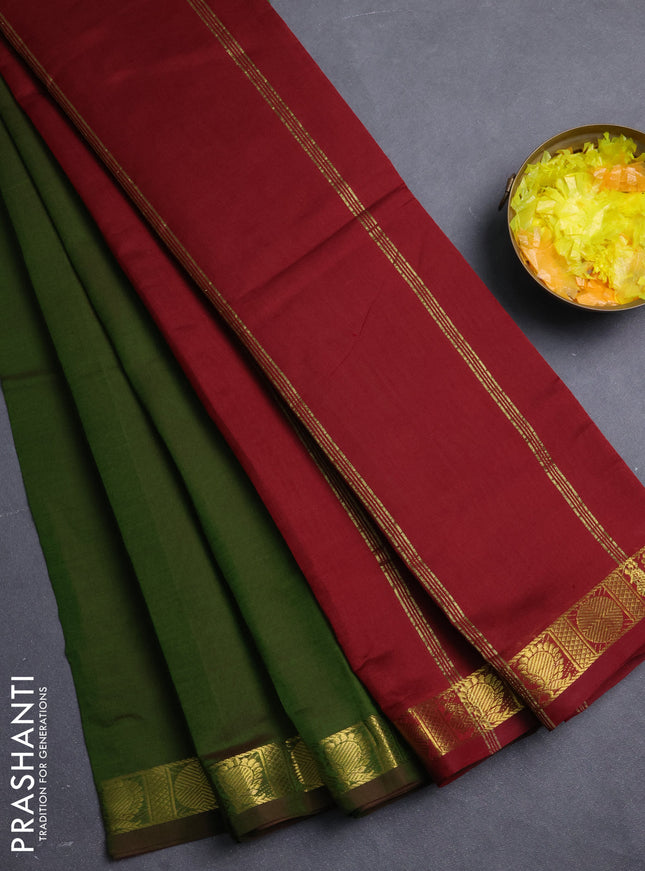 10 Yards semi silk saree sap green and maroon with plain body and annam zari woven border