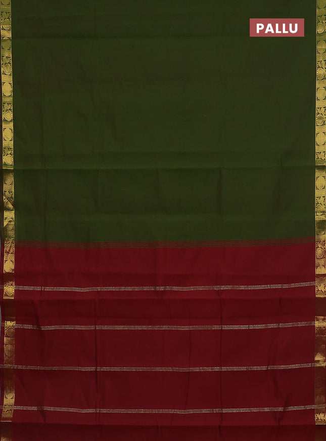 10 Yards semi silk saree sap green and maroon with plain body and annam zari woven border