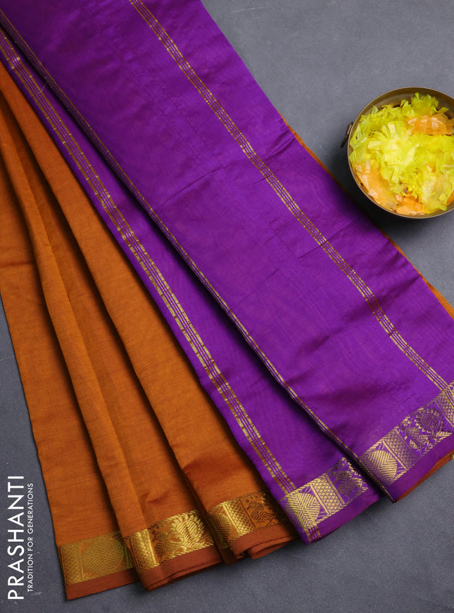 10 Yards semi silk saree dark mustard and violet with plain body and annam zari woven border