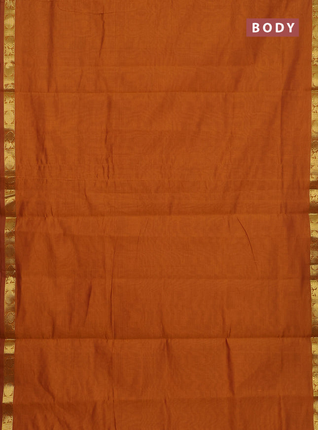 10 Yards semi silk saree dark mustard and violet with plain body and annam zari woven border