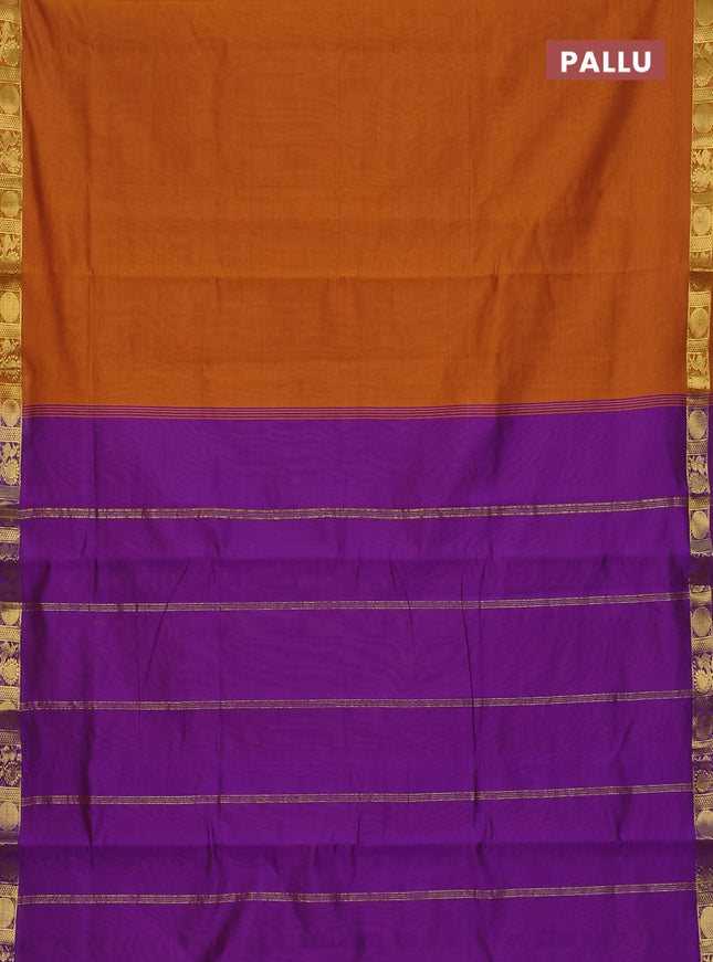 10 Yards semi silk saree dark mustard and violet with plain body and annam zari woven border