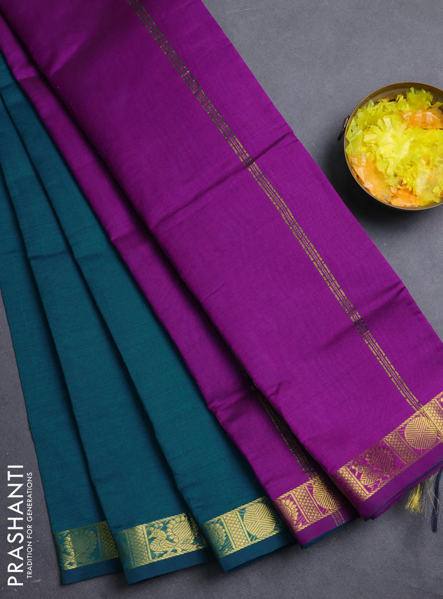 10 Yards semi silk saree teal green and purple with plain body and zari woven border