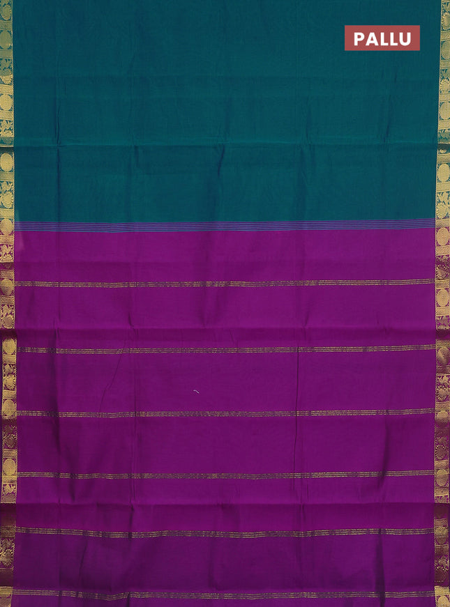 10 Yards semi silk saree teal green and purple with plain body and zari woven border