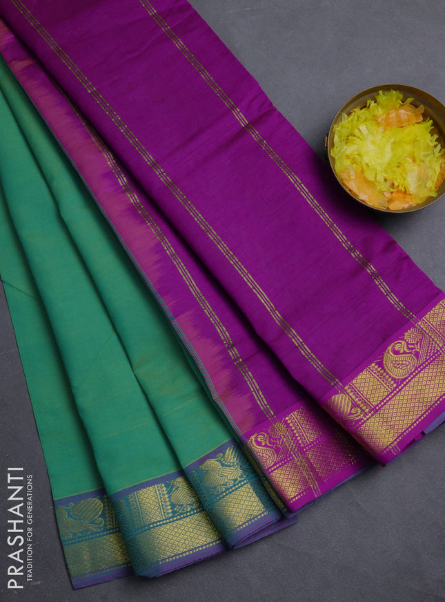 10 Yards poly cotton saree dual shade of green and purple with plain body and annam & paisley zari woven border