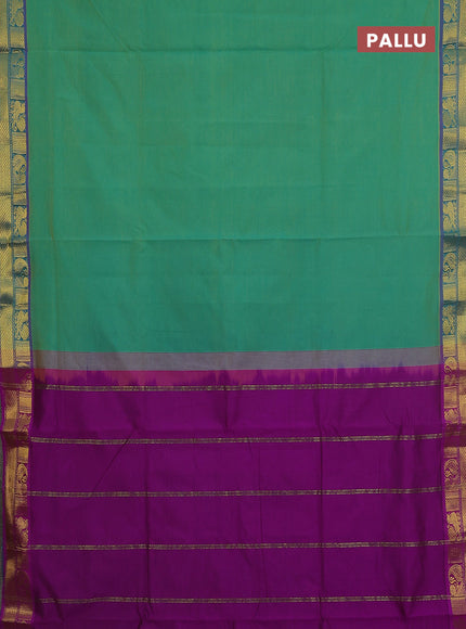 10 Yards poly cotton saree dual shade of green and purple with plain body and annam & paisley zari woven border