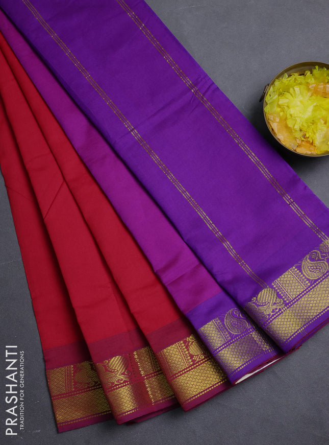 10 Yards poly cotton saree red and violet with plain body and annam & paisley zari woven border