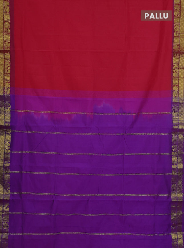 10 Yards poly cotton saree red and violet with plain body and annam & paisley zari woven border