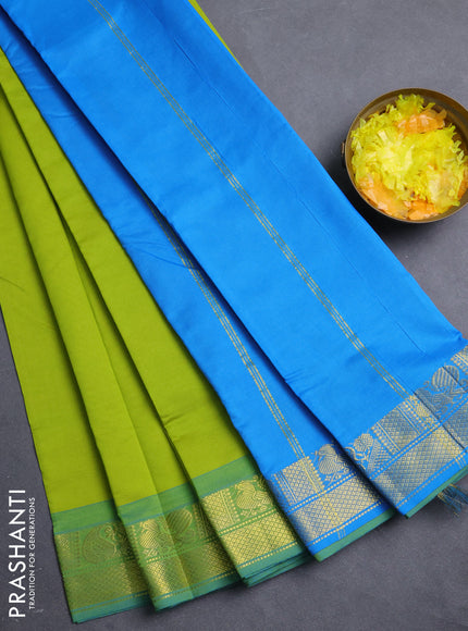 10 Yards poly cotton saree light green and teal blue with plain body and annam & paisley zari woven border