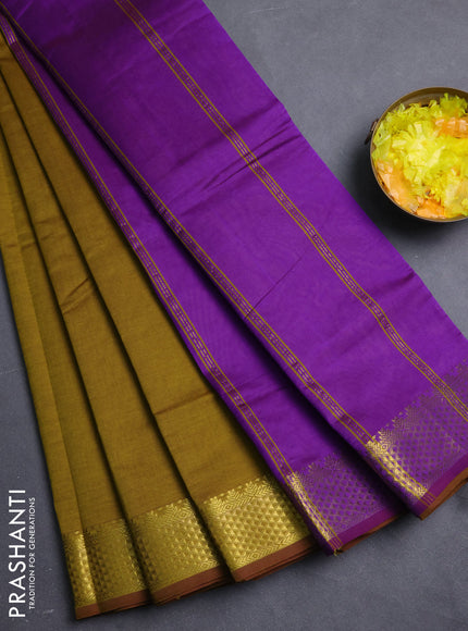 10 Yards poly cotton saree mehendi green and purple with plain body and temple zari woven border