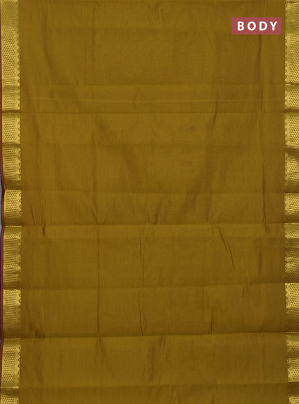 10 Yards poly cotton saree mehendi green and purple with plain body and temple zari woven border