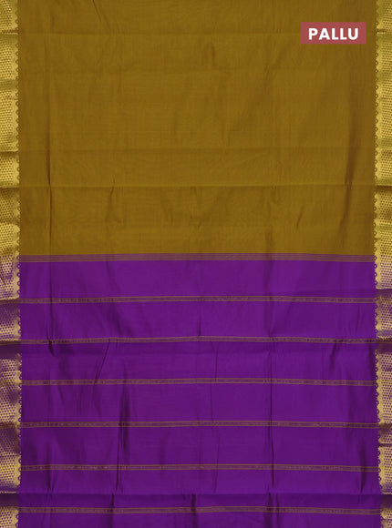 10 Yards poly cotton saree mehendi green and purple with plain body and temple zari woven border
