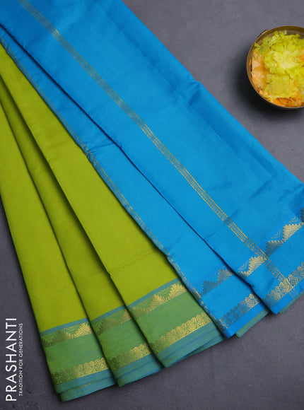 10 Yards poly cotton saree light green and cs blue with plain body and rettapet zari woven border