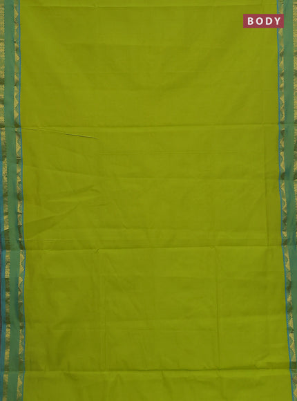 10 Yards poly cotton saree light green and cs blue with plain body and rettapet zari woven border