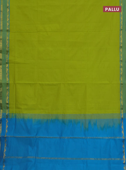 10 Yards poly cotton saree light green and cs blue with plain body and rettapet zari woven border