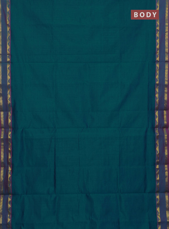 10 Yards poly cotton saree peacock green and pink with plain body and rettapet zari woven border