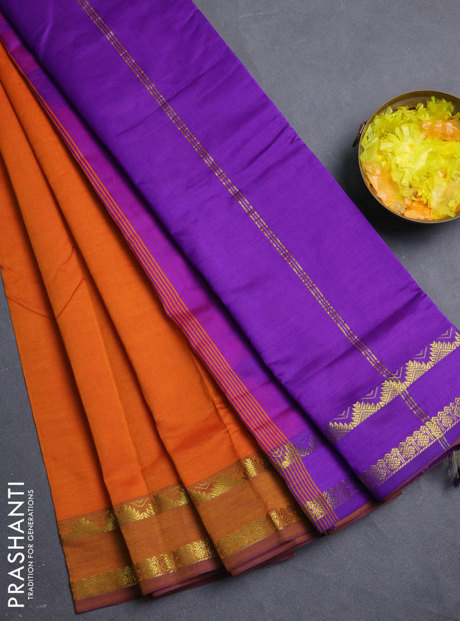 10 Yards poly cotton saree sunset orange and violet with plain body and rettapet zari woven border