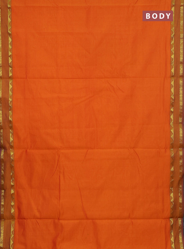 10 Yards poly cotton saree sunset orange and violet with plain body and rettapet zari woven border
