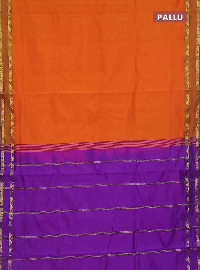 10 Yards poly cotton saree sunset orange and violet with plain body and rettapet zari woven border