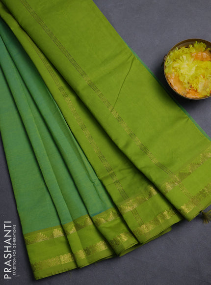 10 Yards poly cotton saree dual shade of bluish green and light green with plain body and rettapet zari woven border