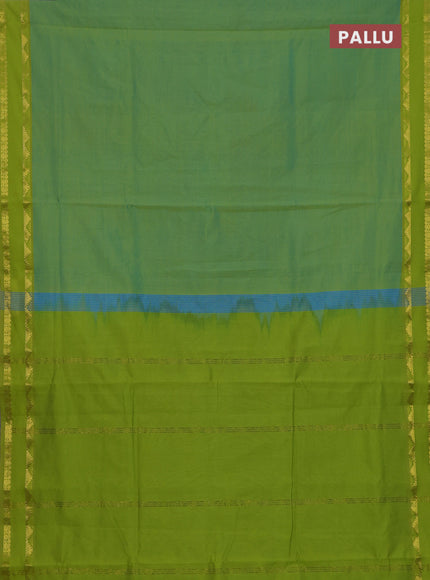 10 Yards poly cotton saree dual shade of bluish green and light green with plain body and rettapet zari woven border