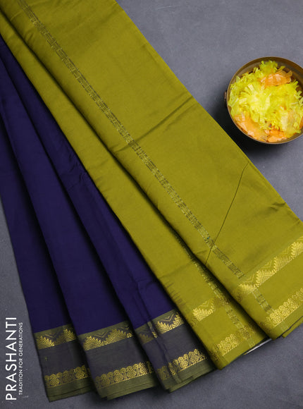 10 Yards poly cotton saree navy blue and sap green with plain body and rettapet temple zari woven border