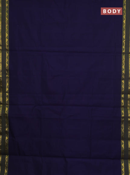 10 Yards poly cotton saree navy blue and sap green with plain body and rettapet temple zari woven border