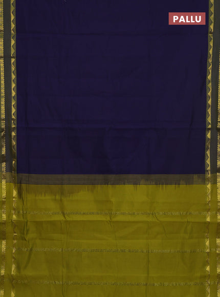 10 Yards poly cotton saree navy blue and sap green with plain body and rettapet temple zari woven border