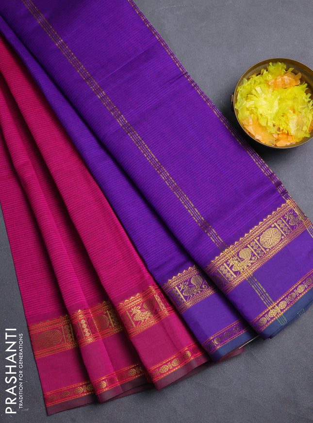 10 Yards poly cotton saree violet and magenta pink with plain body and rettapet annam zari woven border