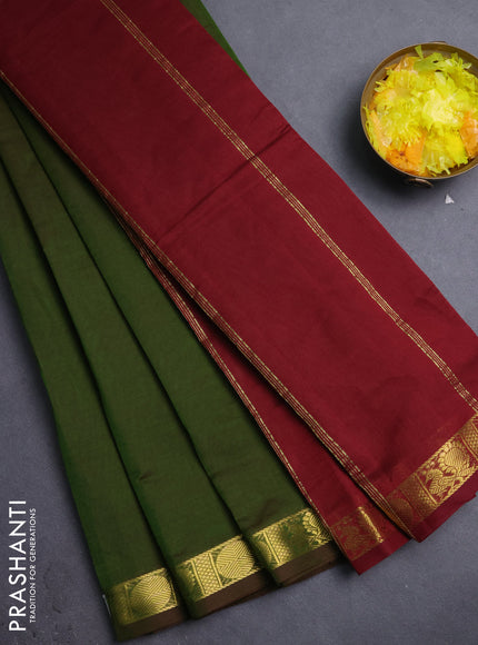10 Yards poly cotton saree mehendi green and deep maroon with plain border and annam zari woven border