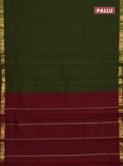 10 Yards poly cotton saree mehendi green and deep maroon with plain border and annam zari woven border