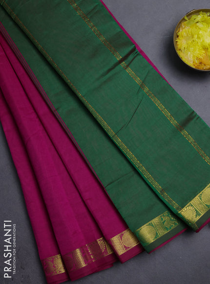 10 Yards poly cotton saree magenta pink and green with plain border and annam zari woven border