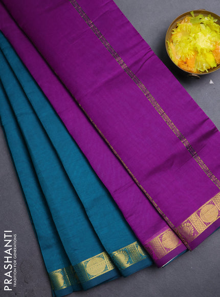 10 Yards poly cotton saree teal green and purple with plain border and annam zari woven border
