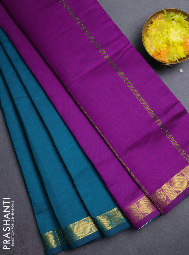 10 Yards poly cotton saree teal green and purple with plain border and annam zari woven border