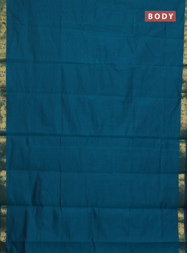 10 Yards poly cotton saree teal green and purple with plain border and annam zari woven border