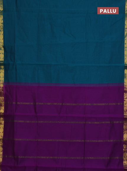 10 Yards poly cotton saree teal green and purple with plain border and annam zari woven border