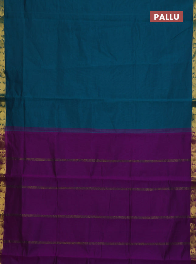 10 Yards poly cotton saree teal green and purple with plain border and annam zari woven border