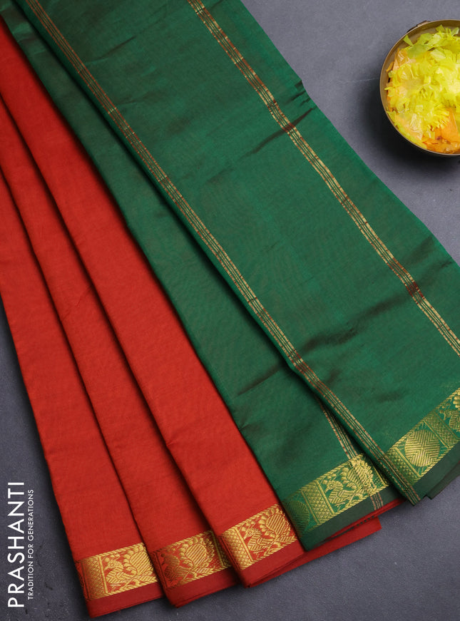 10 Yards poly cotton saree rustic orange and green with plain body and annam zari woven border